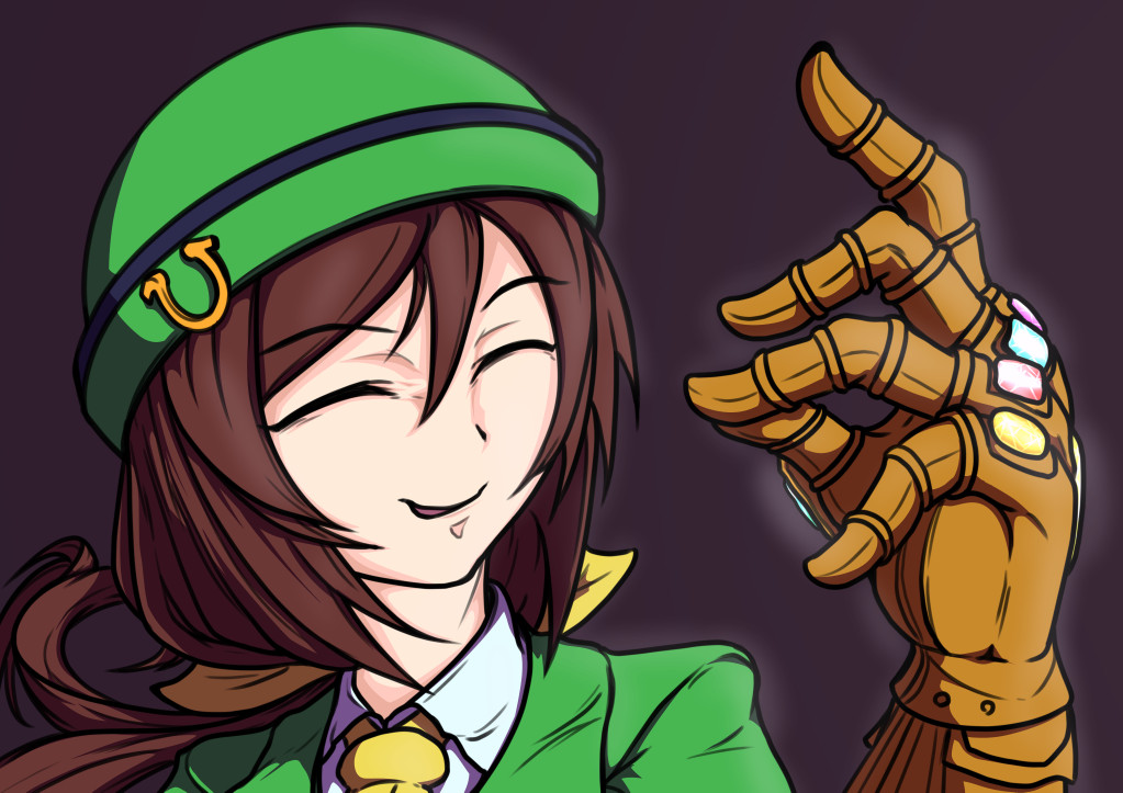 1girl avengers:_infinity_war avengers_(series) black_background bowler_hat brown_hair collared_shirt cosplay ctn_sasuke false_smile gradient_background green_hat green_jacket hat hayakawa_tazuna horseshoe_ornament infinity_gauntlet jacket long_hair low_ponytail marvel marvel_cinematic_universe necktie ponytail scene_reference shirt smile snapping_fingers solo split_ponytail thanos thanos_(cosplay) umamusume white_shirt yellow_necktie