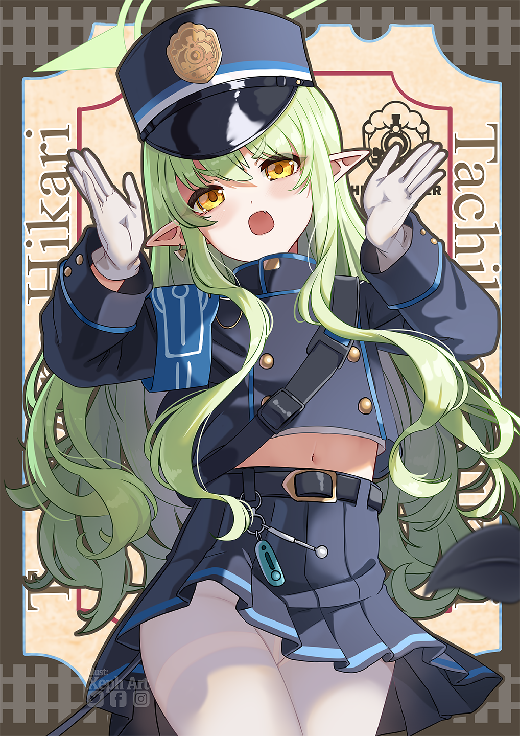 armband black_jacket black_skirt blue_archive blue_armband commentary demon_tail fang gloves green_hair green_halo halo hat highres hikari_(blue_archive) jacket long_hair long_sleeves looking_at_viewer miniskirt open_mouth pantyhose peaked_cap pleated_skirt pointy_ears skirt tail wavy_hair white_gloves white_pantyhose xephonia yellow_eyes