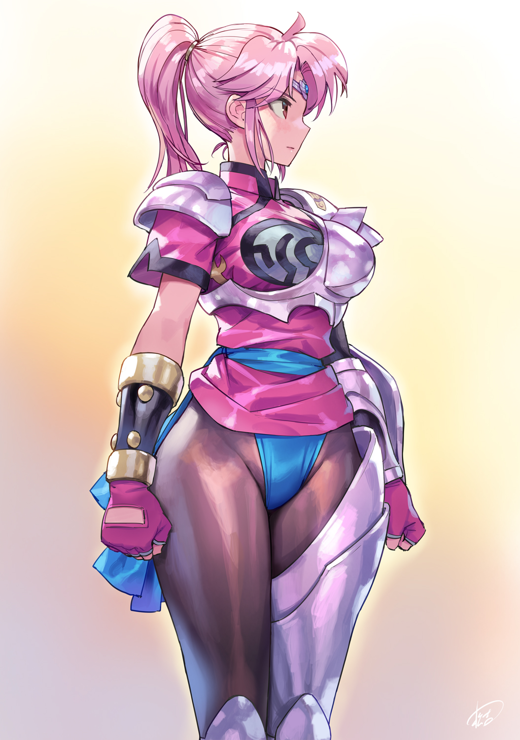 1girl armor black_pantyhose blue_sash character_request clenched_hands commentary_request cowboy_shot dragon_quest dragon_quest_dai_no_daibouken fingerless_gloves gloves gradient_background highres maam matsuda_(matsukichi) pantyhose pauldrons pink_gloves pink_hair pink_shirt ponytail profile sash shirt short_sleeves shoulder_armor sidelocks solo standing tagme thighs yellow_background