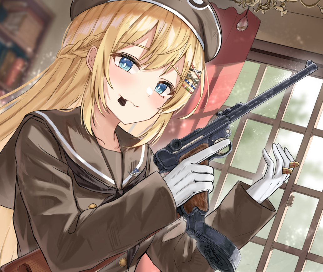 1girl ammunition blonde_hair blue_eyes drum_magazine gun handgun handgun_cartridge high-capacity_magazine karo-chan long_hair looking_at_object luger_p08 magazine_(weapon) original pistol pistol_cartridge sailor_collar school_uniform serafuku shoulder-stocked_handgun snail_drum solo upper_body weapon