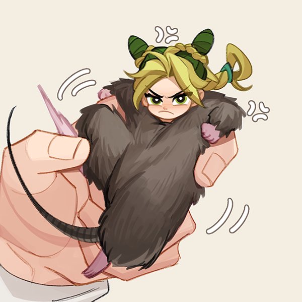 1girl anger_vein angry animal_costume braid braided_bun double_bun frown ginmu green_eyes green_hair hair_bun in_palm jojo_no_kimyou_na_bouken kicking kuujou_jolyne looking_at_viewer mini_person minigirl motion_blur motion_lines mouse_costume multicolored_hair parted_bangs solo_focus stomping stone_ocean two-tone_hair v-shaped_eyebrows yellow_background