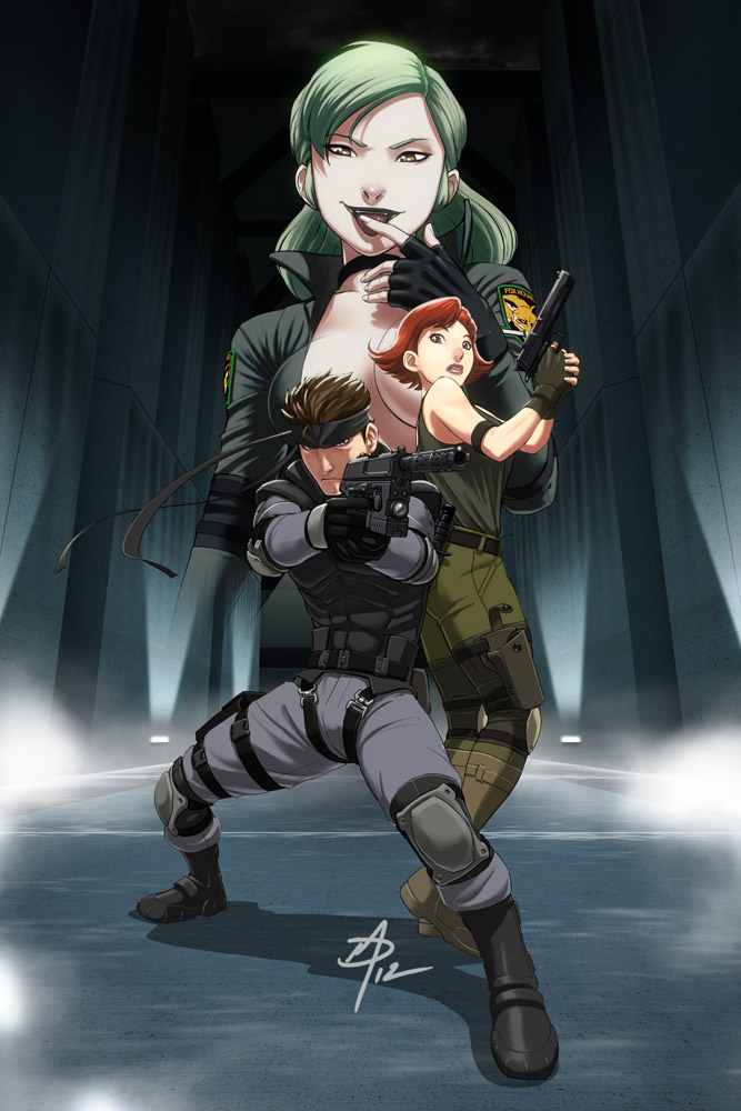 1boy 2girls aiming an/peq-6 back-to-back bandana black_lips breasts brown_hair choker cleavage desert_eagle elbow_pads female_soldier fingerless_gloves flashlight gloves green_hair gun h&amp;k_mark_23 handgun headband heckler_&amp;_koch holster insight_technology jacket kac_mk23_suppressor knee_pads knight&#039;s_armament_company laser_aiming_module laser_pointer laser_sight licking licking_finger lipstick makeup match_grade match_grade_firearm match_grade_pistol meryl_silverburgh metal_gear_(series) metal_gear_solid military multiple_girls offensive_handgun open_clothes open_jacket pistol polarityplus red_hair short_hair signature sneaking_suit sniper_wolf socom_(metal_gear) soldier solid_snake suppressor tactical_light tongue twintails weapon yellow_eyes