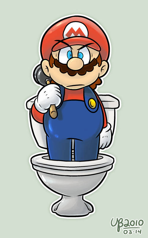 1boy annoyed blue_eyes facial_hair gloves hat long_sleeves looking_at_viewer male_focus mario mario_(series) mustache nintendo overalls plunger thebourgyman toilet