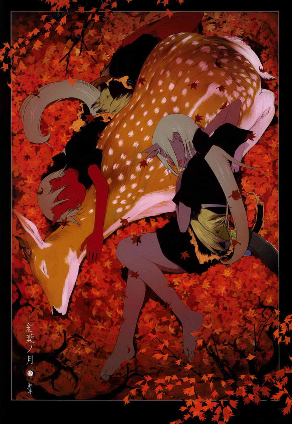 2girls blue_oni colored_skin comic deer highres lying multiple_girls okama oni original red_oni red_skin