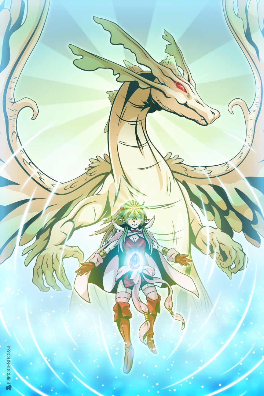 1girl aura blue_aura boots cape dragon dragon_wings dress fire_emblem fire_emblem_awakening floating glowing_gem green_hair highres jewelry long_hair nintendo pointy_ears primogenitor34 red_boots red_dress red_eyes tiki_(adult)_(fire_emblem) tiki_(fire_emblem) transformation wings