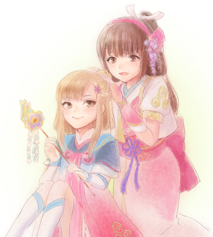 blonde_hair braid brown_hair chacha family fixing_hair hair_bun hair_ornament hairband japanese_clothes kimono mother_and_daughter obi oichi oichi_(sengoku_musou) ponytail sash sengoku_musou sitting smile yukata