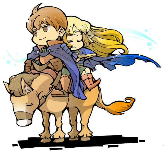 armor blonde_hair boots brown_eyes cape circlet deedlit closed_eyes full_body horse hounori long_hair parn_(lodoss) pauldrons record_of_lodoss_war shadow short_hair shoulder_armor simple_background smile white_background