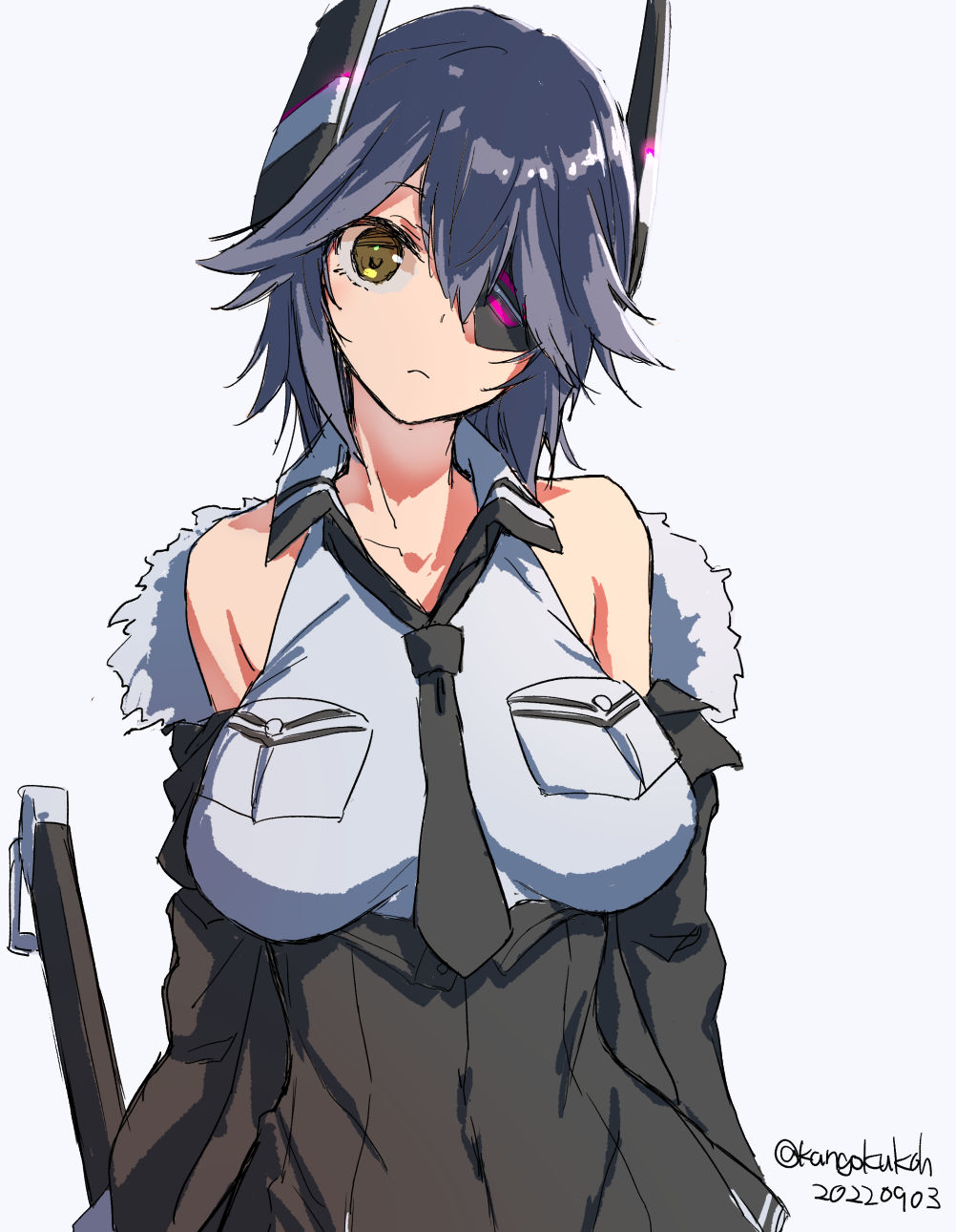 1girl black_skirt breast_pocket breasts checkered_necktie dated dress_shirt eyepatch halo headgear highres kangoku_kou kantai_collection large_breasts looking_at_viewer mechanical_halo necktie one-hour_drawing_challenge pocket purple_hair shirt short_hair skirt sleeveless sleeveless_shirt solo tenryuu_(kancolle) tenryuu_kai_ni_(kancolle) twitter_username upper_body white_shirt yellow_eyes
