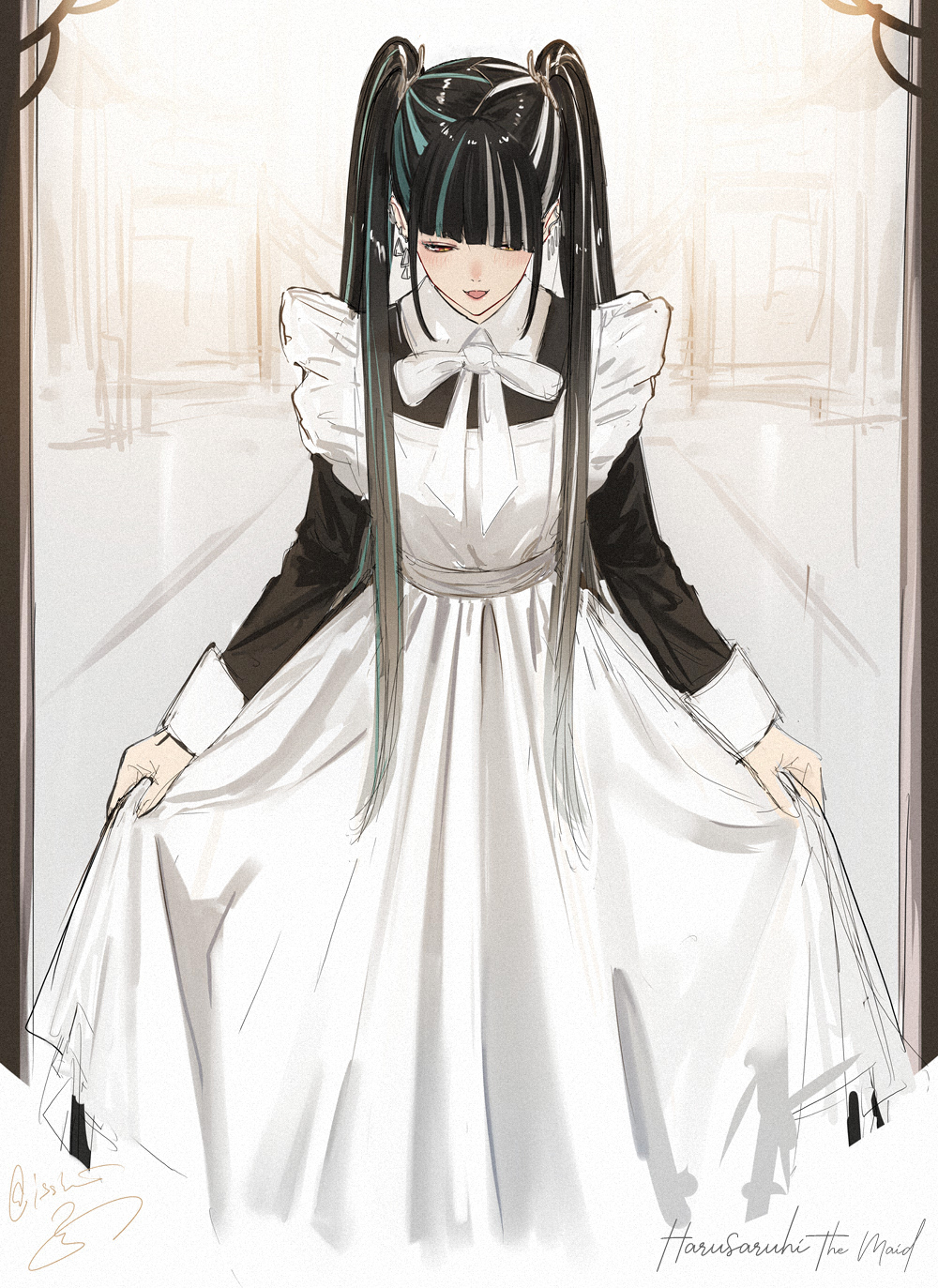 1girl alternate_costume apron black_dress black_hair blue_hair blush border character_name cursive curtsey diagonal_bangs dress english_text enmaided feet_out_of_frame half-closed_eyes harusaruhi highres indoors isshiki_(ffmania7) kamitsubaki_studio long_hair long_sleeves maid multicolored_hair neck_ribbon open_mouth ornate_border red_eyes ribbon signature sleeve_cuffs smile solo standing straight-on streaked_hair twintails virtual_youtuber white_apron white_hair white_ribbon