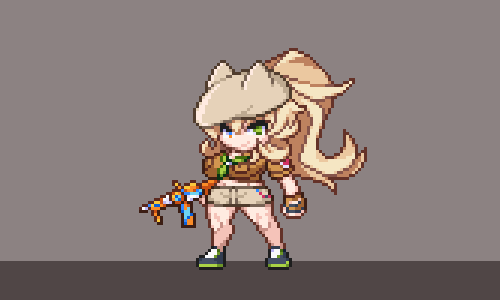1girl barghest_(fate) barghest_(swimsuit_archer)_(fate) barghest_(swimsuit_archer)_(first_ascension)_(fate) blonde_hair blue_eyes breasts brown_shirt brown_shorts fate/grand_order fate_(series) fingerless_gloves full_body gloves green_eyes grey_background gun hat heterochromia holding holding_gun holding_weapon long_hair lowres muscular muscular_female pixel_art ponytail rifle shirt short_shorts short_sleeves shorts smile solo weapon white_hat you_ornithopter