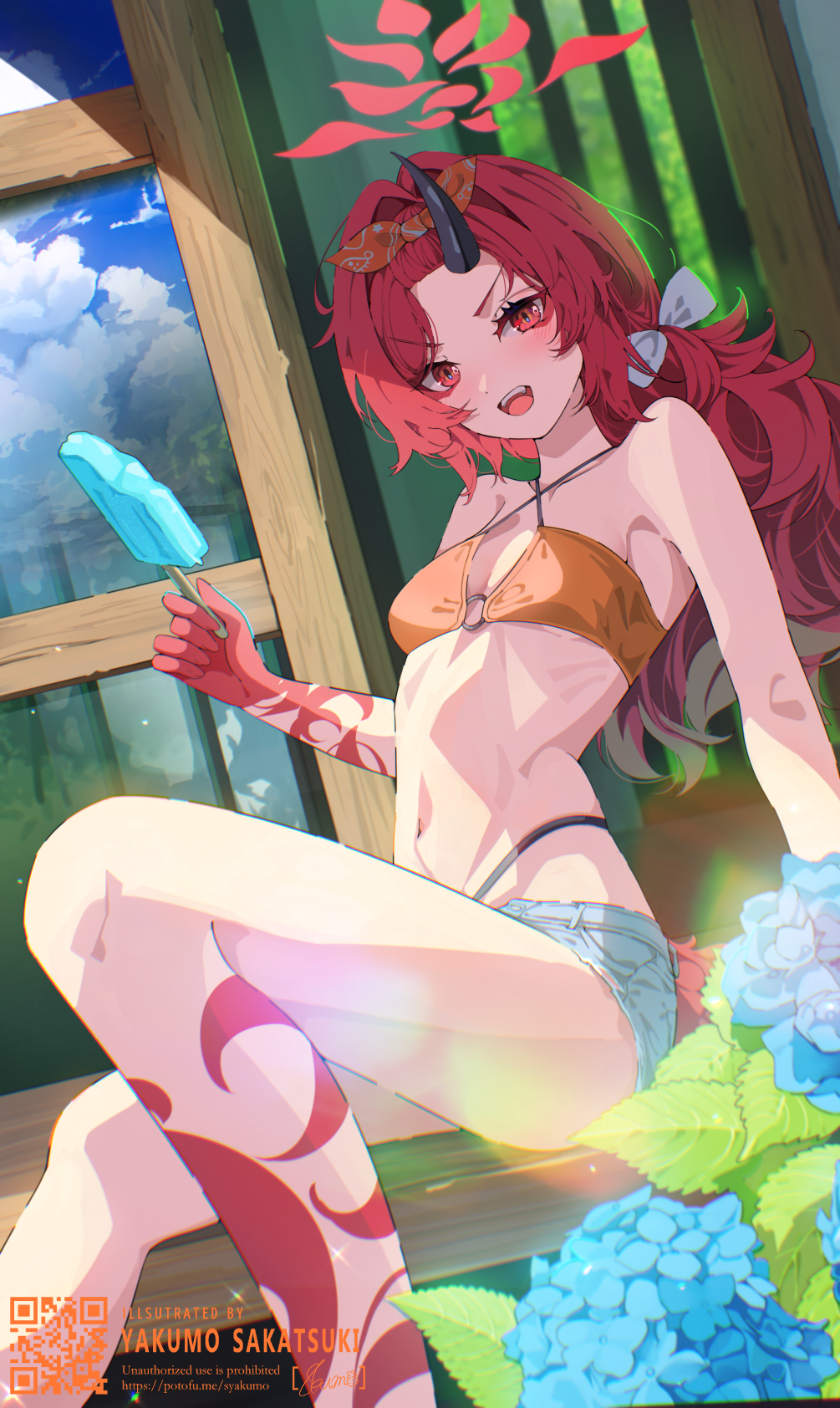 1girl bangs_pinned_back bikini blue_archive blush colored_skin denim denim_shorts dragon_girl dragon_tail food hairband highres holding holding_food holding_popsicle horns looking_at_viewer multicolored_skin official_alternate_costume official_alternate_hairstyle open_mouth orange_hairband popsicle red_eyes red_hair red_skin renge_(blue_archive) renge_(swimsuit)_(blue_archive) sakatsuki_yakumo short_shorts shorts single_horn solo swimsuit tail teeth upper_teeth_only yellow_bikini