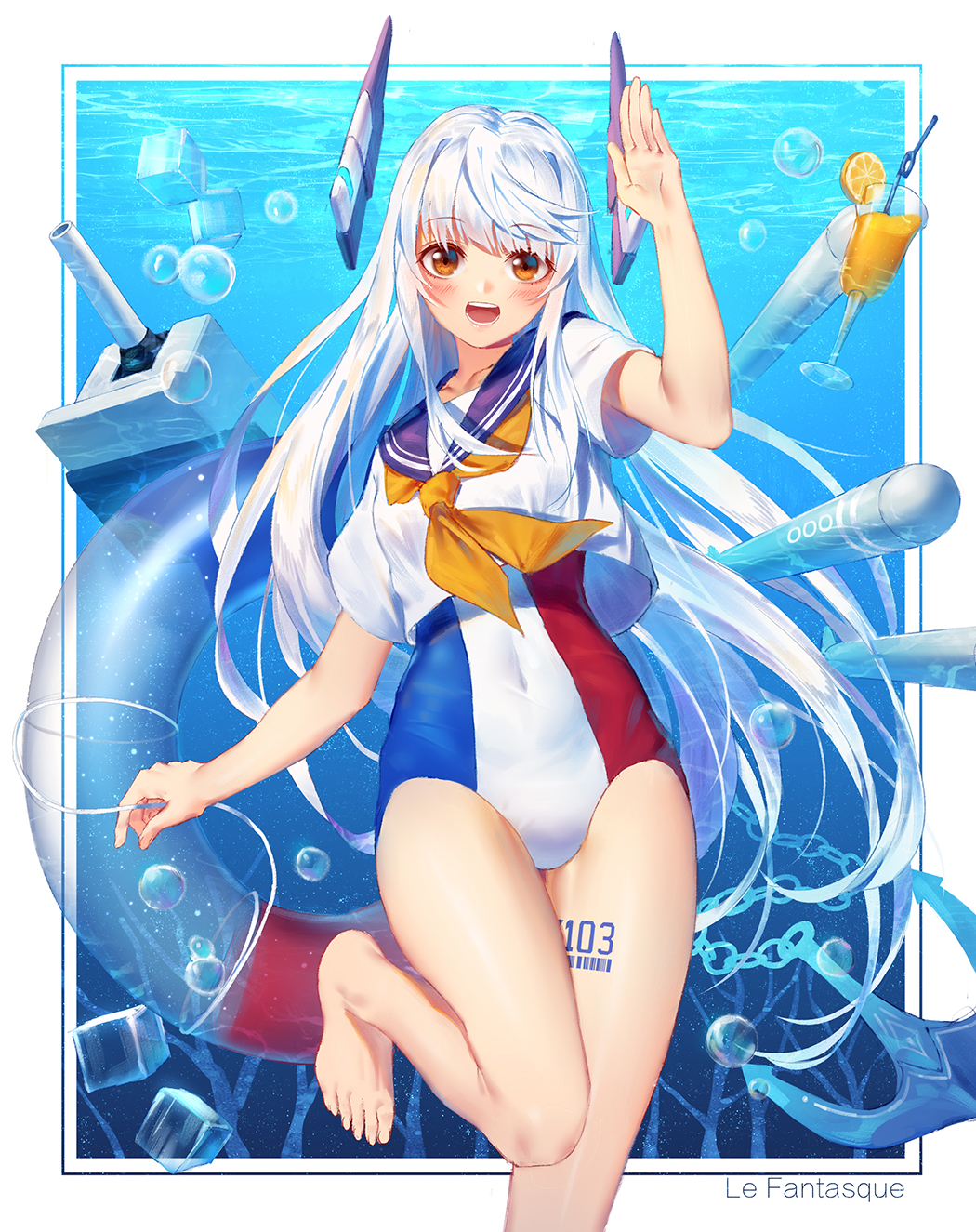 1girl :d anchor bare_arms blue_sailor_collar blush brown_eyes chain character_name commentary_request covered_navel crop_top crop_top_overhang female_focus french_flag_swimsuit hand_up highres innertube ji_dao_ji le_fantasque_(warship_girls_r) leg_up long_hair looking_at_viewer machinery neckerchief one-piece_swimsuit open_mouth orange_neckerchief sailor_collar sailor_shirt ship_turret shirt short_sleeves smile solo swim_ring swimsuit thighs torpedo underwater very_long_hair warship_girls_r white_hair white_shirt