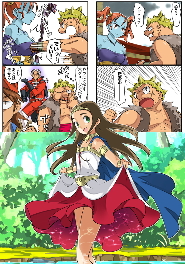 2girls 3boys armlet bare_shoulders blue_skin bracelet breasts brown_eyes brown_hair cape circlet cleavage colored_skin comic commentary_request dragon_quest dragon_quest_viii dress earrings green_eyes hero_(dq8) imaichi jessica_albert jewelry kukuru_(dq8) large_breasts long_hair looking_at_viewer medea_(dq8) multiple_boys multiple_girls open_mouth orange_hair panties princess purple_shirt shirt smile strapless twintails underwear yangus