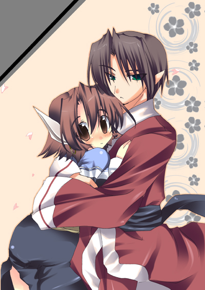 1boy 1girl animal_ears benawi black_hair blush brown_eyes brown_hair dog_ears green_eyes hetero hug japanese_clothes long_hair long_sleeves pointy_ears rabbit_ears sakuya_(utawarerumono) utawarerumono yuuki_tsubasa