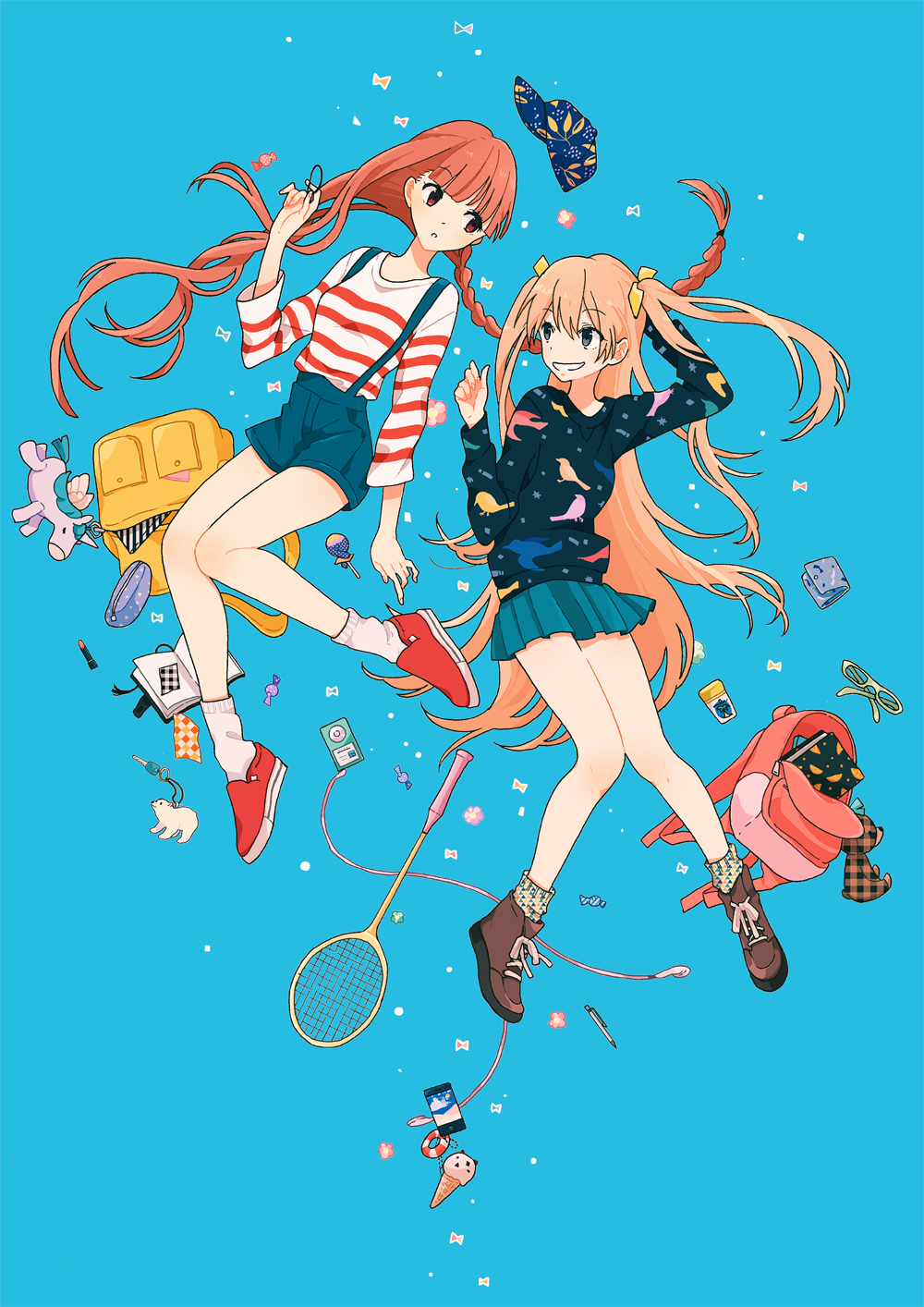 2girls animal_print asymmetrical_hair backpack badminton_racket bag black_eyes blonde_hair blue_background braid candy cellphone digital_media_player food glasses hair_ribbon hat highres iphone ipod key kurokeisin lipstick lollipop long_hair looking_at_another makeup multiple_girls notebook orange_eyes orange_hair original pencil pencil_case phone racket ribbon school_bag shirt skirt smartphone smile striped_clothes striped_shirt twin_braids unicorn unworn_eyewear very_long_hair