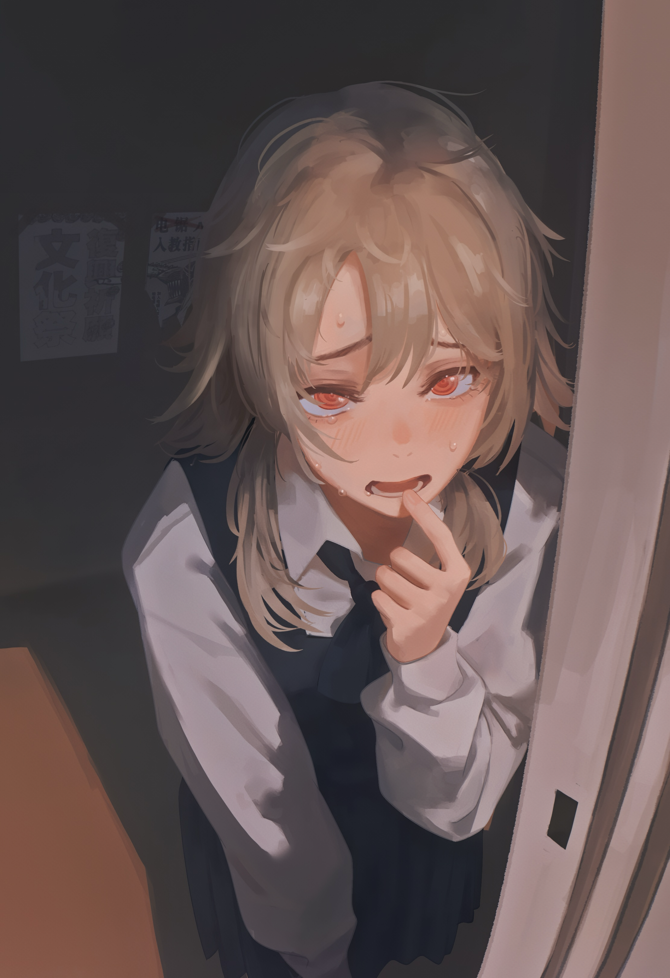 1girl absurdres blonde_hair blush chainsaw_man chinese_commentary commentary fami_(chainsaw_man) finger_to_mouth highres indoors long_sleeves medium_hair nervous_sweating open_mouth red_eyes revision ringed_eyes school_uniform shirt solo sweat tears famine_devil_(chainsaw_man) white_shirt yao_liao_wang