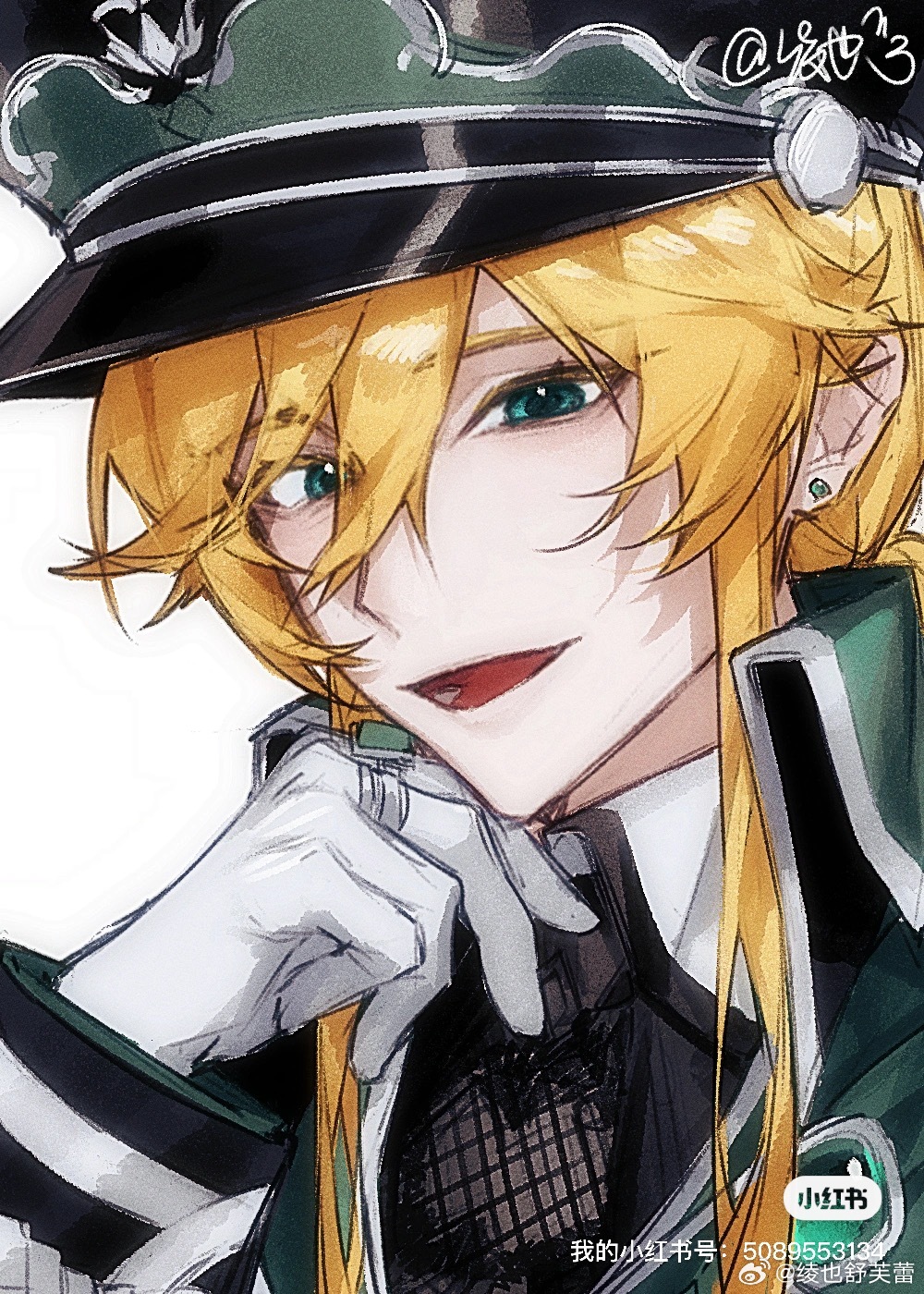 1boy :d aqua_eyes black_hat black_shirt blonde_hair collared_jacket collared_shirt earrings fishnet_top fishnets gloves green_jacket hair_between_eyes hand_on_own_chin hat highres jacket jewelry lars_rorschach lars_rorschach_(infinite_empire) ling_ye_shufulei long_hair long_sleeves looking_at_viewer lovebrush_chronicles low_ponytail male_focus official_alternate_costume open_mouth peaked_cap ponytail portrait ring shirt sidelocks sideways_glance simple_background smile solo stud_earrings white_background white_gloves