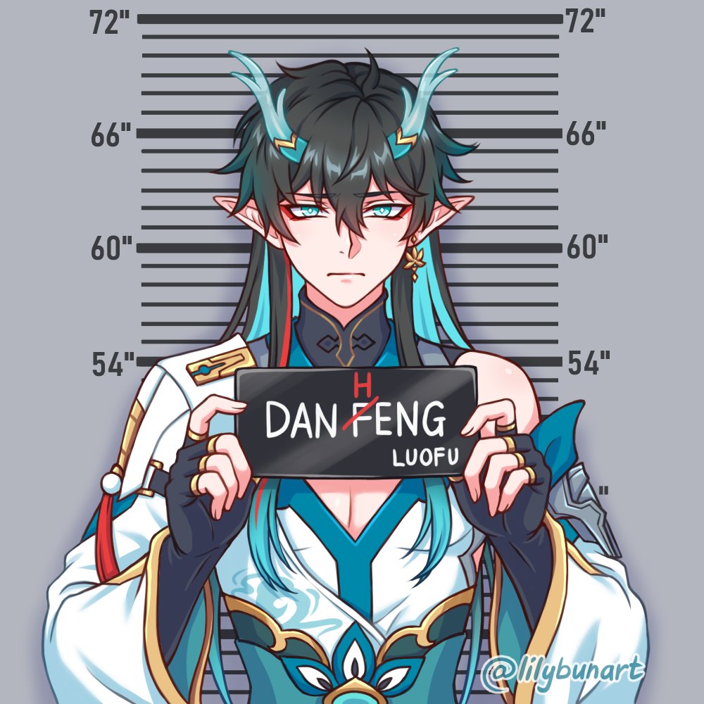 1boy artist_name barbie_mugshot_(meme) black_gloves black_hair blue_eyes blue_hair character_name chinese_clothes closed_mouth clothing_cutout colored_inner_hair dan_heng_(honkai:_star_rail) dan_heng_(imbibitor_lunae)_(honkai:_star_rail) detached_sleeves dragon_boy dragon_horns earrings eyeshadow fingerless_gloves fingernails gloves gold_earrings gold_ring hair_between_eyes hands_up holding holding_sign honkai:_star_rail honkai_(series) horns jewelry lilybunart long_hair long_sleeves looking_at_viewer makeup male_focus mandarin_collar meme multicolored_hair multiple_rings official_alternate_costume official_alternate_hairstyle pointy_ears red_eyeshadow red_hair ring shirt sidelocks sign single_bare_shoulder single_detached_sleeve solo streaked_hair upper_body white_shirt wide_sleeves
