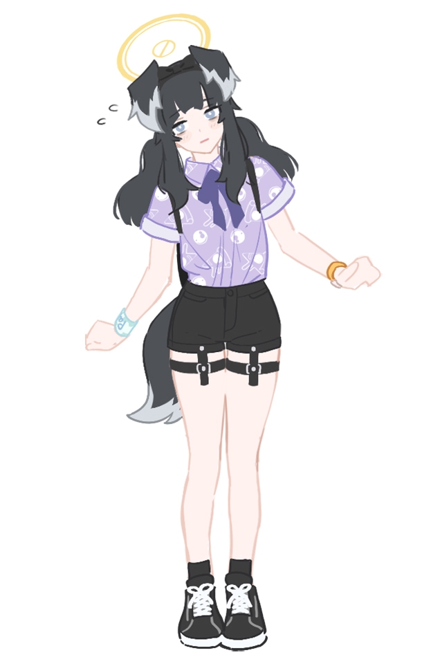 1girl alternate_costume animal_ears black_hair black_shoes blue_archive blue_eyes blush bracelet concept_art dog_ears dog_tail flying_sweatdrops full_body halo hibiki_(blue_archive) jewelry long_hair mimitoke shirt shoes short_sleeves shorts simple_background solo suspender_shorts suspenders tail white_background wristband