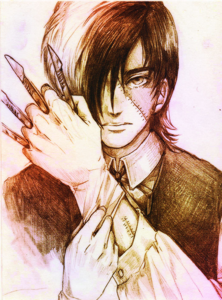 1boy black_jack_(character) black_jack_(series) closed_mouth collared_shirt gloves hair_over_one_eye hashi84e holding holding_scalpel looking_at_viewer male_focus monochrome multicolored_hair shirt short_hair solo stitched_arm stitched_face stitches two-tone_hair vest white_background
