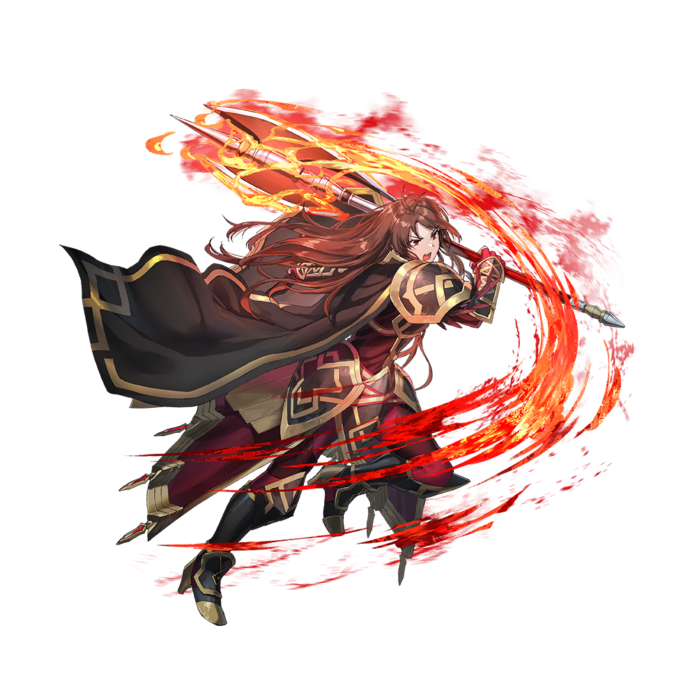 1girl armor attack axe battle_axe black_cape brown_eyes brown_hair cape dai-xt fingerless_gloves fire_emblem fire_emblem:_mystery_of_the_emblem fire_emblem_heroes flaming_weapon gloves holding holding_axe holding_shield long_hair lunge nintendo official_alternate_costume official_art open_mouth red_cape red_gloves sheena_(fire_emblem) sheena_(resplendent)_(fire_emblem) shield solo v-shaped_eyebrows weapon