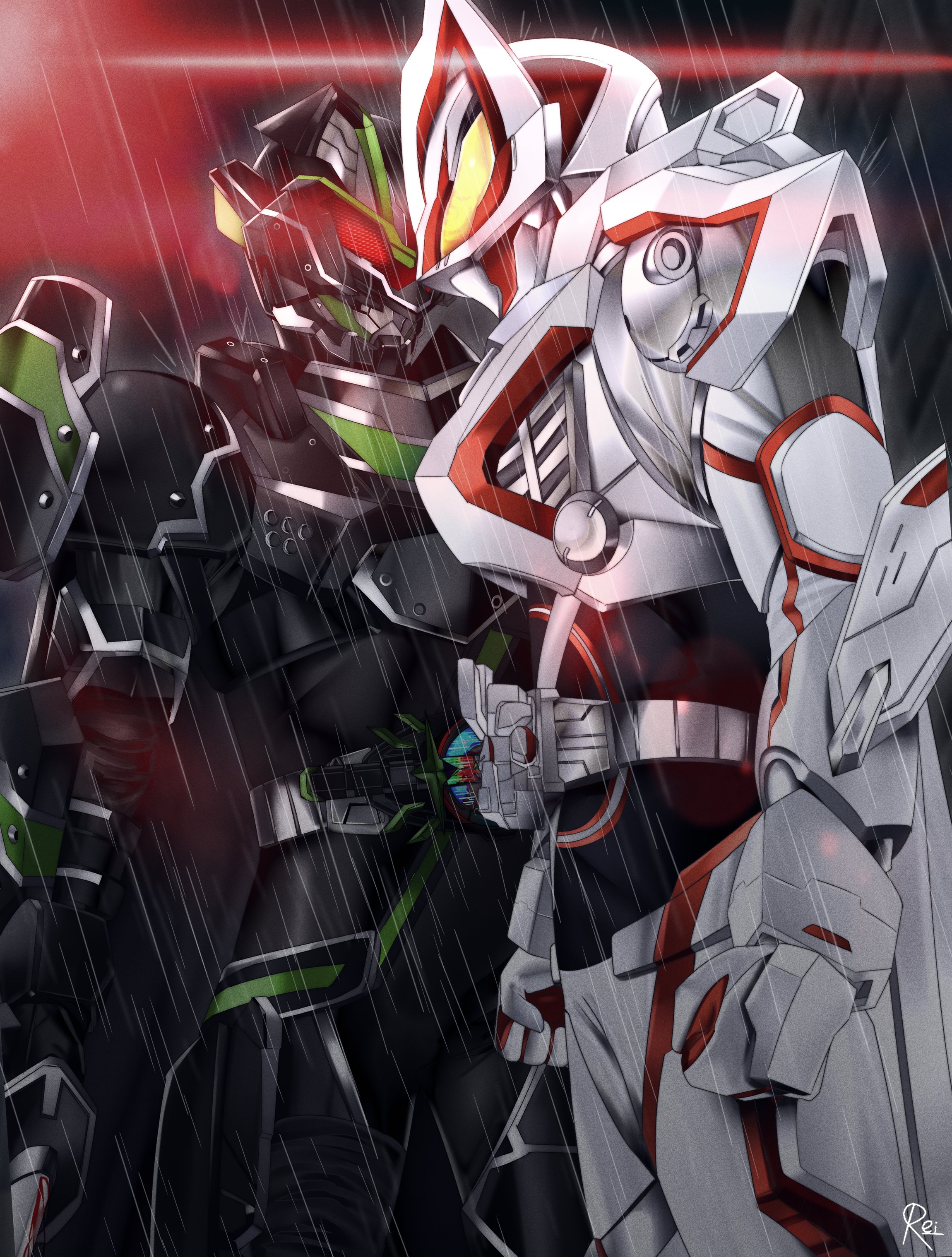 2boys absurdres animal_ears armor black_armor black_background black_bodysuit bodysuit boost_mark_ix_buckle bujin_(geats) bujinsword_buckle cape character_name commentary commentary_request desire_driver faceoff flaming_eye fox_mask from_side glowing glowing_eyes helmet highres holding holding_sword holding_weapon kamen_rider kamen_rider_geats kamen_rider_geats_(series) kamen_rider_geats_ix kamen_rider_tycoon kamen_rider_tycoon_bujinsword light_particles male_focus mask mixed-language_commentary multiple_boys neon_trim night power_armor raccoon_ears rain red_eyes reiei_8 rider_belt signature sword thighs tokusatsu water_drop weapon yellow_eyes