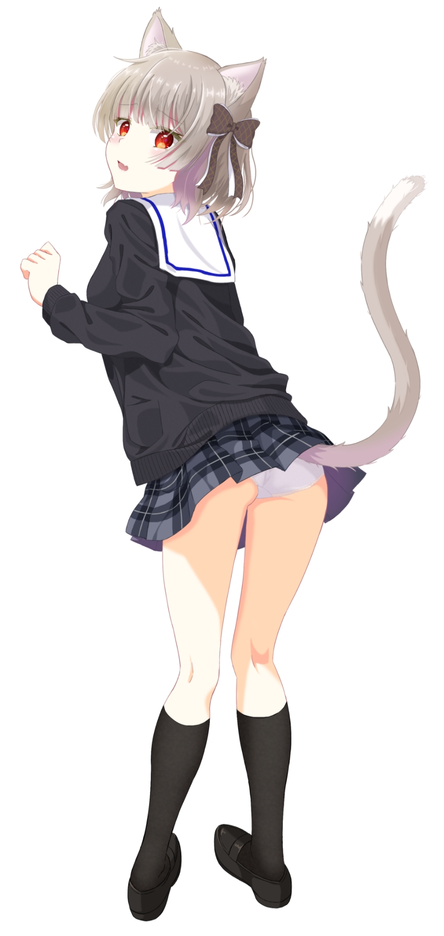 1girl animal_ear_fluff animal_ears ass black_shoes black_skirt black_socks black_sweater blush bow brown_bow cat_ears cat_girl cat_tail commentary fang from_behind full_body grey_hair hair_bow hand_up highres kneehighs loafers long_sleeves looking_at_viewer looking_back miniskirt mochimugi_rice open_mouth original panties pantyshot paw_pose plaid_clothes plaid_skirt red_eyes sailor_collar school_uniform shoes short_hair simple_background skin_fang skirt sleeves_past_wrists socks solo standing sweater tail tail_raised thighs underwear white_background white_panties white_sailor_collar