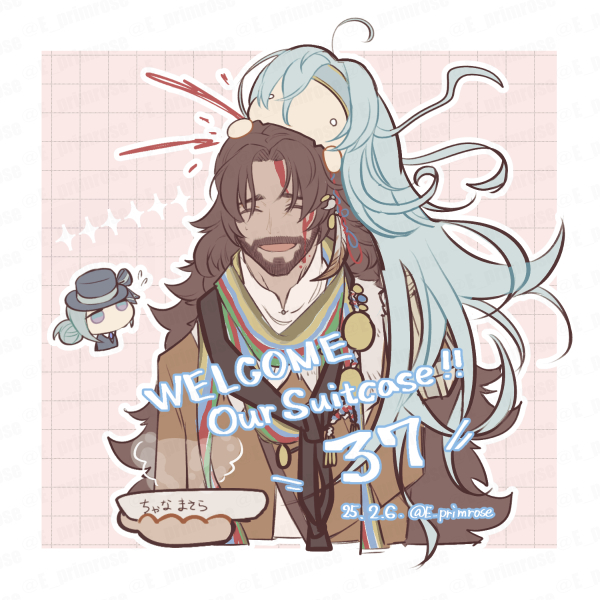 1boy 2girls 37_(reverse:1999) biting biting_another&#039;s_hand black_hat bleeding blood blood_from_forehead blood_on_face blue_hair border bowl brown_coat brown_hair character_name chibi chibi_inset closed_eyes coat dark-skinned_male dark_skin dated e_primrose english_text facing_viewer grey_hair hair_bun hat holding holding_bowl long_hair male_focus mature_male multicolored_scarf multiple_girls o_o open_mouth outside_border pink_background reverse:1999 scarf shamane single_side_bun smile sparkle twitter_username vertin_(reverse:1999) very_long_hair white_border