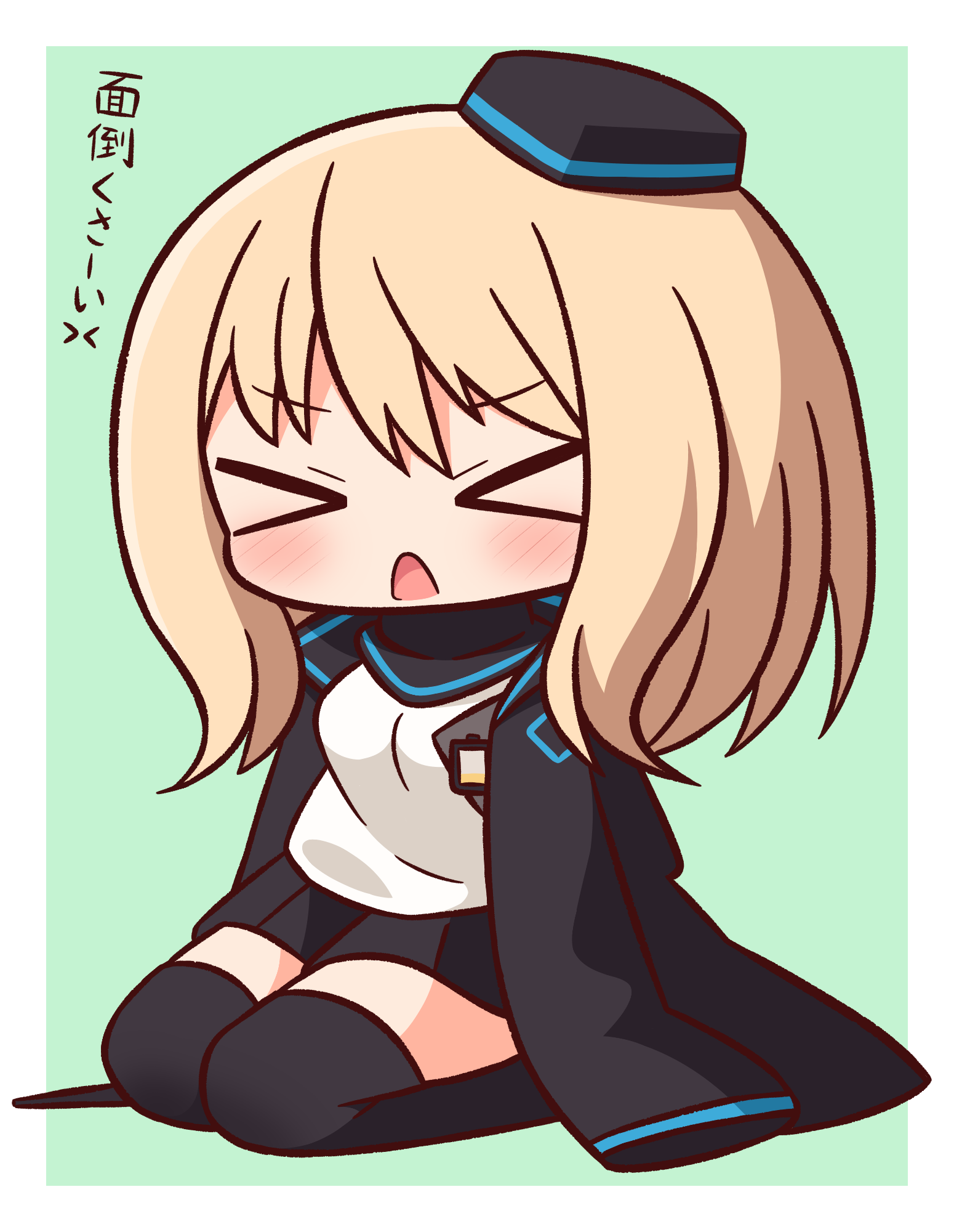 >_< 1girl arknights black_hat black_jacket black_skirt black_thighhighs blonde_hair blush breasts chibi closed_eyes durin_(arknights) facing_viewer full_body garrison_cap garrod_ran green_background hair_between_eyes hana_kazari hat highres jacket long_hair long_sleeves open_clothes open_jacket open_mouth pleated_skirt seiza shadow shirt sitting skirt sleeves_past_fingers sleeves_past_wrists small_breasts solo thighhighs translation_request two-tone_background v-shaped_eyebrows white_background white_shirt