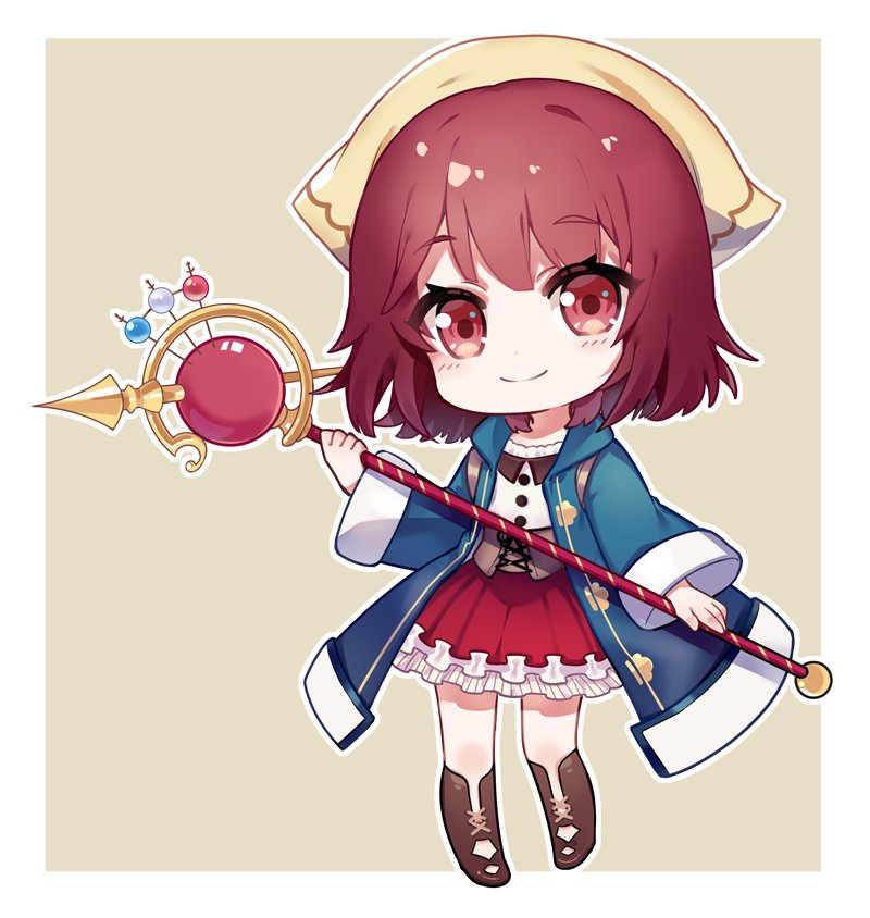 1girl atelier_(series) atelier_sophie blue_coat boots border brown_background brown_boots chibi closed_mouth coat collared_coat commentary_request corset full_body hat headscarf holding holding_staff jewelry long_coat long_sleeves looking_at_viewer necklace outline red_eyes red_hair red_skirt sharlorc short_hair skirt smile solo sophie_neuenmuller staff standing white_border white_outline yellow_headscarf