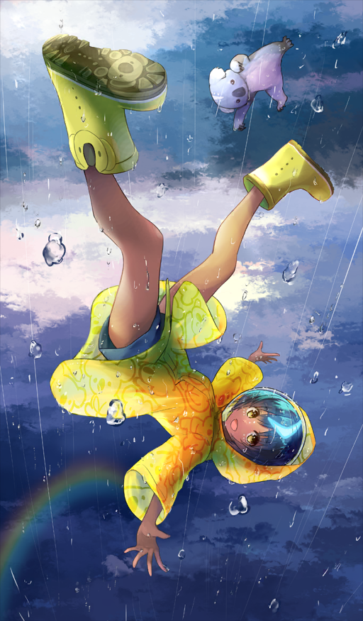 1girl black_hair blue_hair blue_shorts blush boots breasts brown_eyes chef_no_kimagure_salad cloud dark-skinned_female dark_skin facial_mark fate/grand_order fate_(series) floating glowing glowing_hair koala looking_at_viewer multicolored_hair open_mouth rain rainbow raincoat rubber_boots short_hair shorts small_breasts smile streaked_hair thighs upside-down wandjina_(fate) yellow_boots yellow_eyes yellow_raincoat