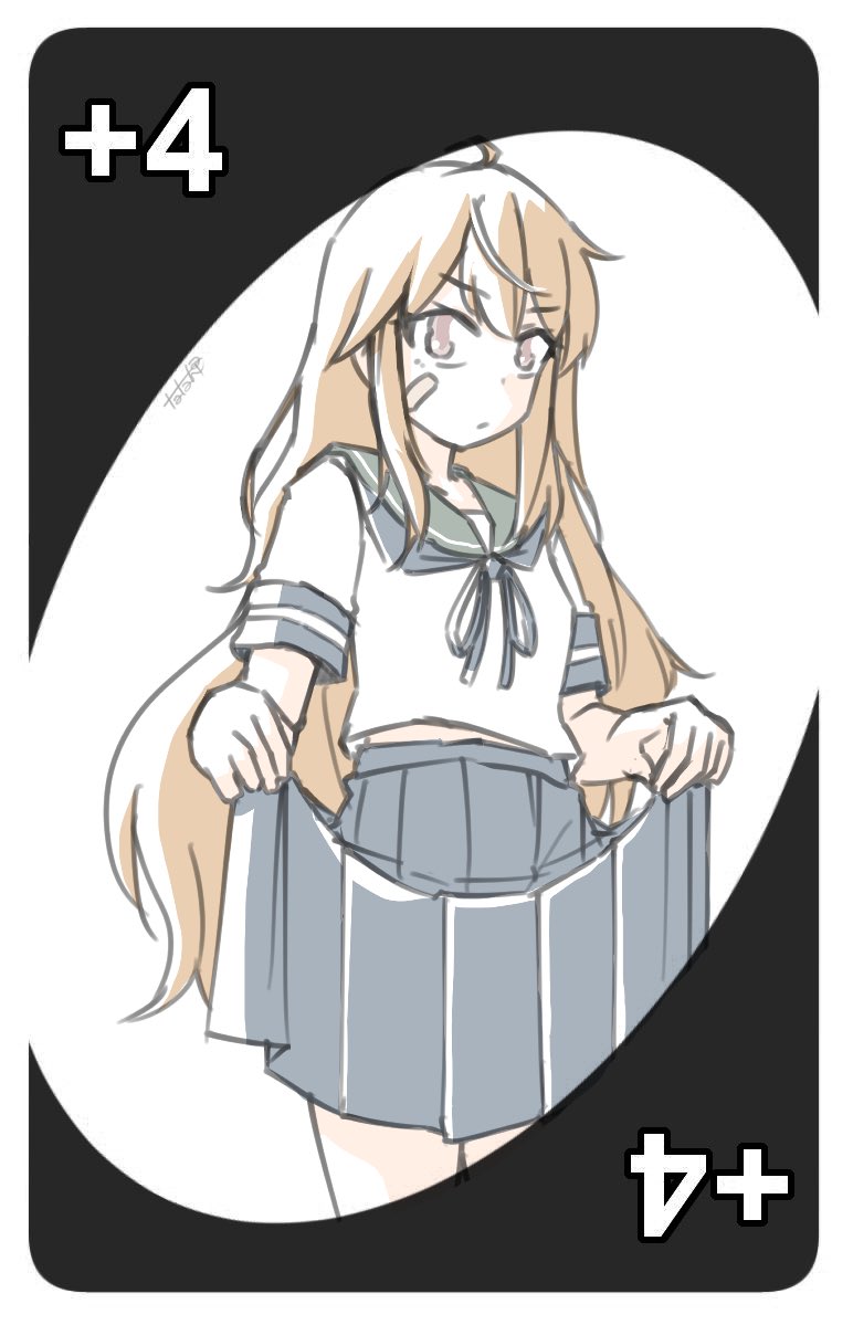 1girl ahoge alternate_hair_length alternate_hairstyle bandaid bandaid_on_face blue_neckerchief blue_sailor_collar blue_skirt brown_eyes brown_hair card_(medium) cowboy_shot kantai_collection long_hair looking_at_viewer neckerchief oboro_(kancolle) sailor_collar sailor_shirt school_uniform serafuku shirt skirt skirt_hold solo tatahai uno_(game) very_long_hair white_shirt