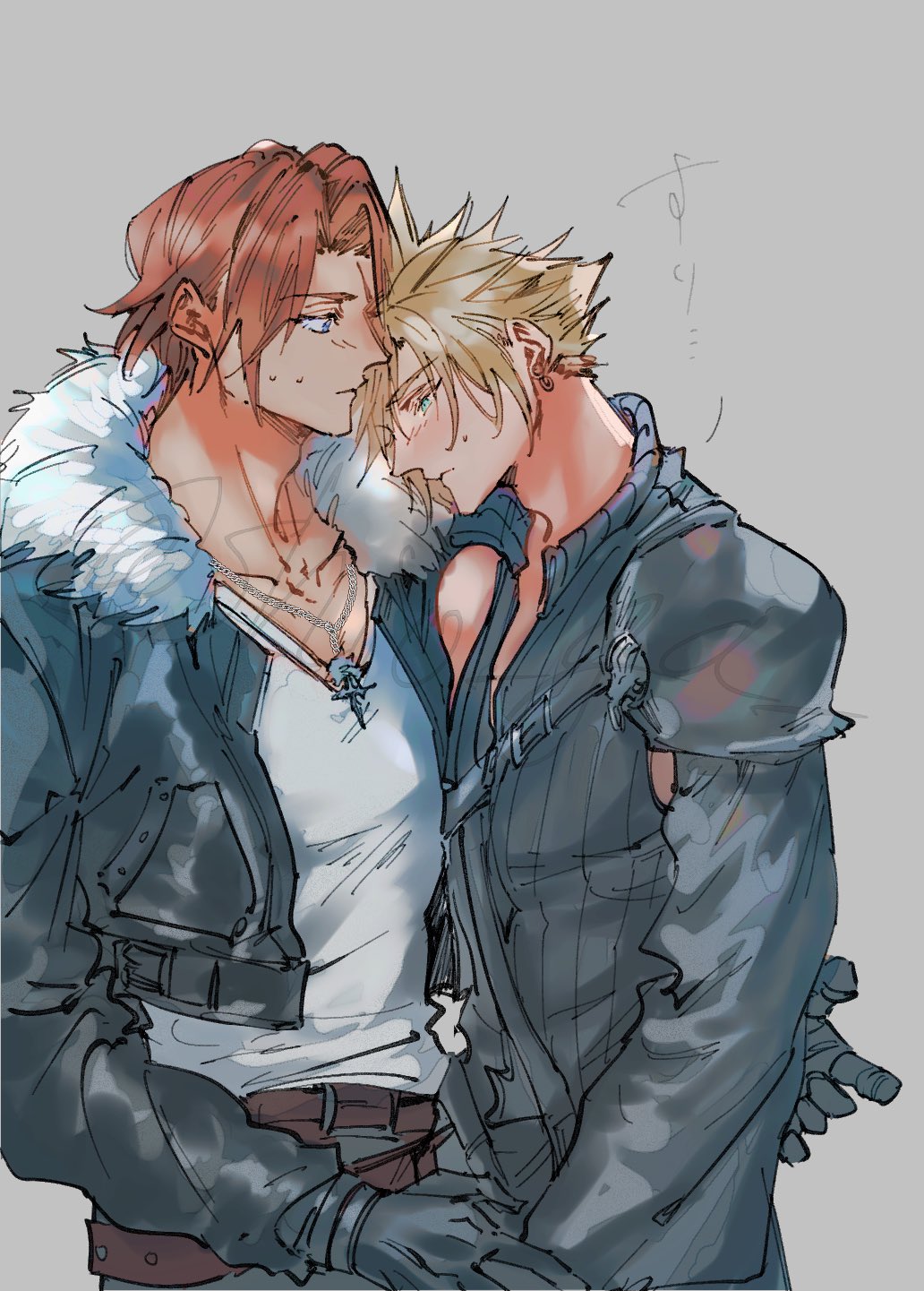 2boys aqua_eyes armor belt black_gloves black_jacket black_pants black_sleeves black_vest blonde_hair blue_eyes brown_belt brown_hair chain chain_necklace chest_strap cloud_strife cropped_jacket earrings final_fantasy final_fantasy_vii final_fantasy_vii_advent_children final_fantasy_viii fur-trimmed_jacket fur_trim gloves grey_background hair_between_eyes highres jacket jewelry light_blush male_focus multiple_belts multiple_boys necklace pants parted_bangs pauldrons scar scar_on_face scar_on_forehead shio_ga shirt short_hair shoulder_armor single_earring single_pauldron single_sleeve spiked_hair squall_leonhart sweatdrop upper_body vest white_fur white_shirt yaoi