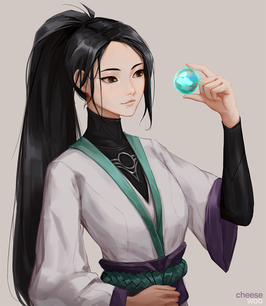 1girl artist_name black_hair black_shirt brown_eyes cheesewoo highres holding_orb japanese_clothes kimono lips long_hair long_sleeves looking_at_object obi ponytail rope_belt sage_(valorant) sash shirt solo turtleneck upper_body valorant white_kimono