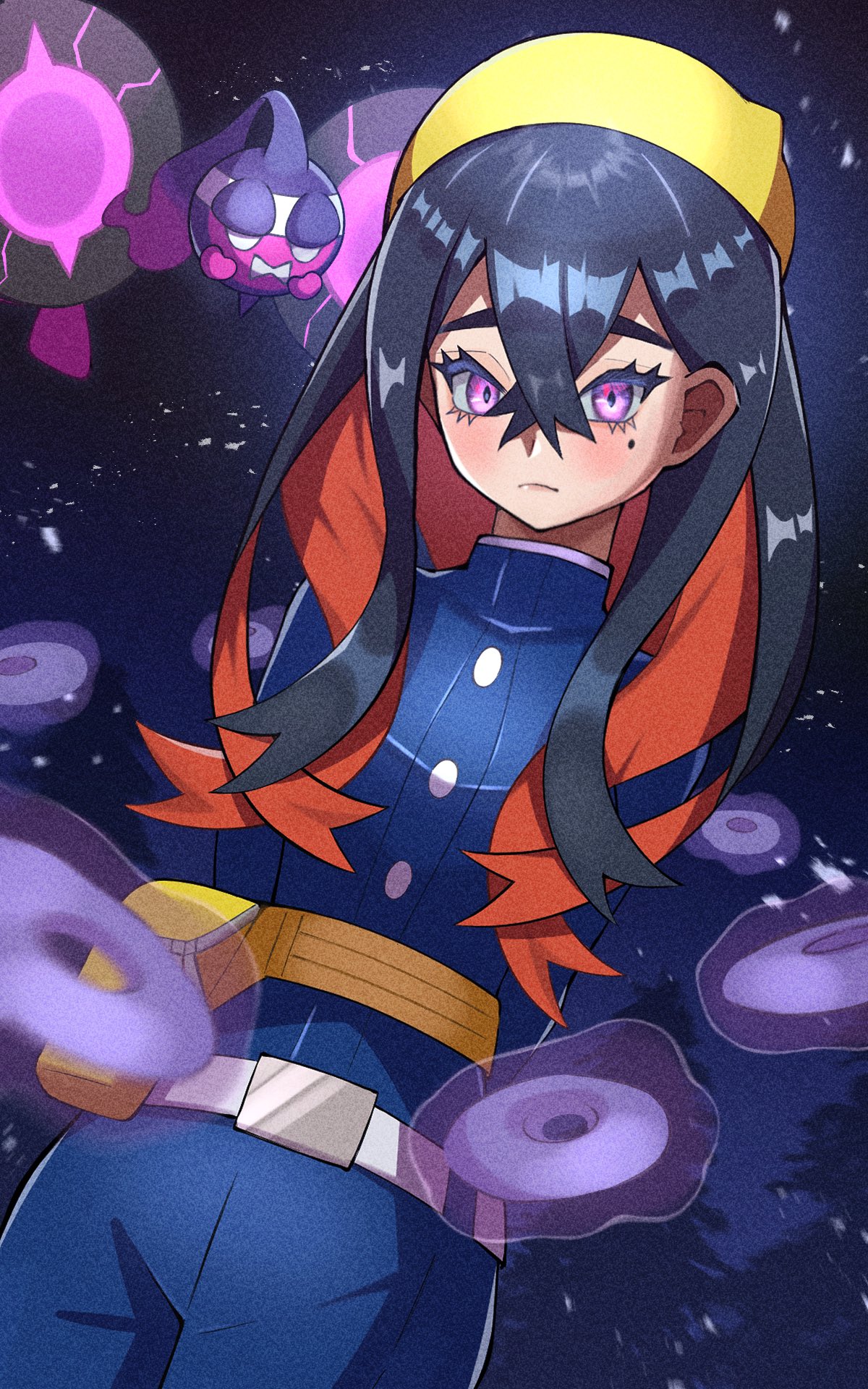 1girl arms_behind_back black_hair blue_jacket blue_pants carmine_(pokemon) closed_mouth colored_inner_hair crossed_bangs eyelashes fanny_pack hair_between_eyes hairband highres inana_umi jacket long_hair long_sleeves looking_down mind_control mole mole_under_eye multicolored_hair nintendo pants pecharunt pokemon pokemon_(creature) pokemon_sv purple_eyes red_hair two-tone_hair yellow_hairband