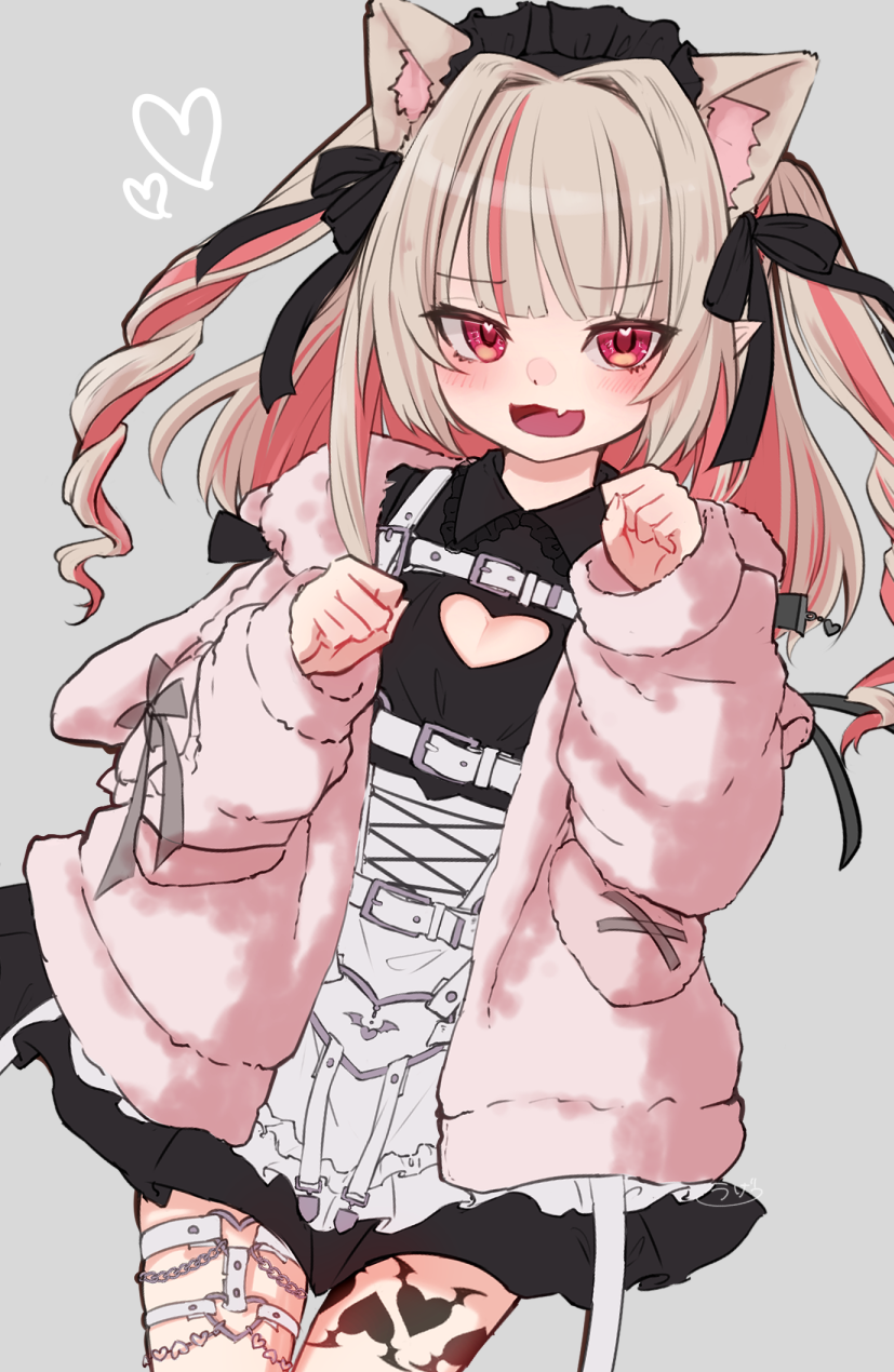 1girl :3 animal_ears animal_hood apron belt black_dress black_headdress black_ribbon blunt_bangs blush breasts cat_ears chain chest_harness cleavage_cutout clothing_cutout collared_dress colored_inner_hair corset cowboy_shot cross-laced_clothes cross-laced_corset dress drill_hair fake_animal_ears fang frilled_jacket frilled_shirt_collar frills grey_background grey_hair hair_intakes harness heart heart-shaped_pupils heart_cutout heart_o-ring highres hood hood_down hooded_jacket jacket leg_tattoo long_hair looking_at_viewer loose_belt maid maid_headdress makaino_ririmu makaino_ririmu_(5th_costume) mochiugetsu multicolored_hair multiple_belts nijisanji o-ring o-ring_belt o-ring_thigh_strap open_clothes open_jacket open_mouth paw_pose pink_hair pink_jacket pocket pointy_ears rabbit_hood red_eyes ribbon short_dress sidelocks simple_background skin_fang sleeves_past_wrists small_breasts smile solo streaked_hair symbol-shaped_pupils tattoo thigh_strap two_side_up v-shaped_eyebrows virtual_youtuber waist_apron white_apron white_belt white_corset winged_heart winged_heart_tattoo