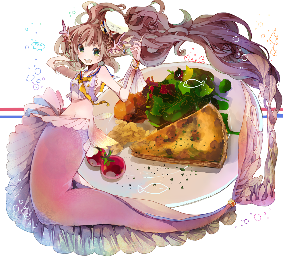 1girl :d arm_behind_head bad_id bad_pixiv_id blush brown_hair chef_hat cherry_tomato crab crop_top female_focus fins fish food full_body green_eyes hat head_fins index_finger_raised jellyfish long_hair mermaid monster_girl navel open_mouth original plate quiche sailor_collar satsuan0120 shirt sleeveless sleeveless_shirt smile solo tomato very_long_hair white_background white_hat