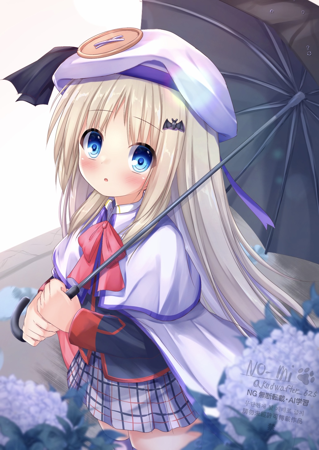 1girl bat_hair_ornament black_umbrella blonde_hair blue_eyes bow cloak flower hair_ornament hat highres holding holding_umbrella kud_wafter kudpoid_(71139) little_busters! little_busters!_school_uniform long_hair looking_at_viewer miniskirt noumi_kudryavka parted_lips pink_bow plaid_clothes plaid_skirt pleated_skirt school_uniform skirt solo thighhighs umbrella white_cloak white_hat