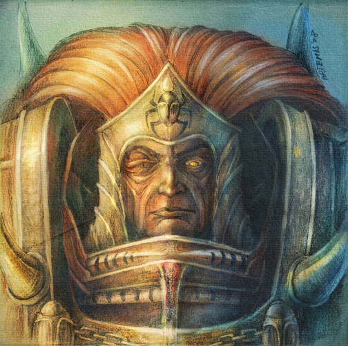 1boy ancient_egyptian_hat armor artist_name breastplate closed_mouth colored_skin commentary english_commentary long_hair magnus_the_red male_focus missing_eye noldofinve pauldrons power_armor primarch red_hair red_skin scarab shoulder_armor signature solo straight-on thousand_sons traditional_media upper_body warhammer_40k yellow_eyes