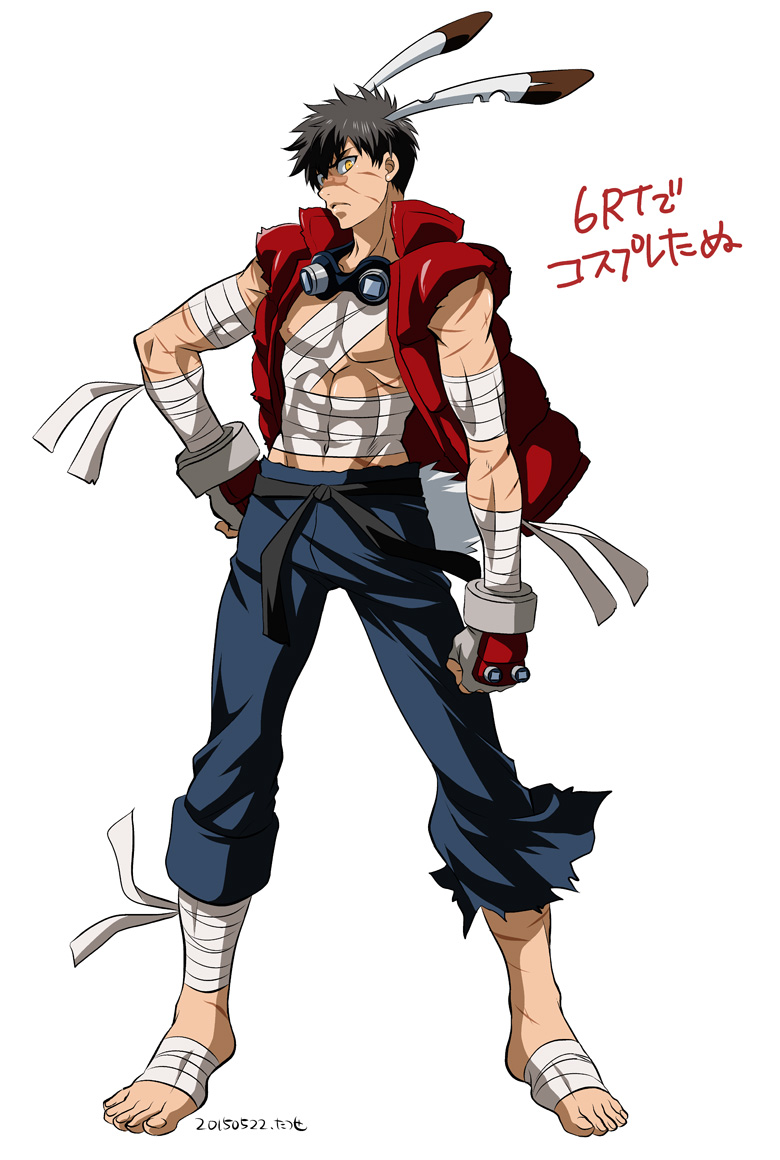 10s 1boy animal_ears bandaged_arm bandaged_foot bandaged_leg bandages barefoot black_hair cosplay dated denim doudanuki_masakuni fingerless_gloves full_body gloves goggles goggles_around_neck jeans king_kazma_(cosplay) king_kazma looking_at_viewer male_focus pants rabbit_ears sarashi scar short_hair simple_background solo summer_wars touken_ranbu vest wauwa white_background yellow_eyes
