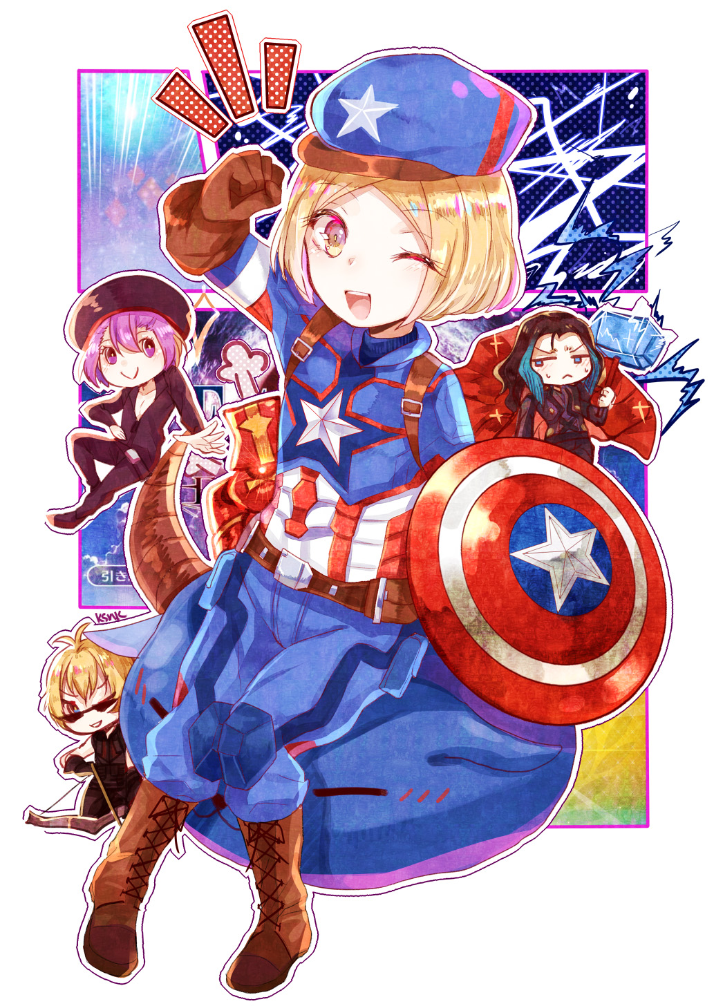 2girls 3boys armor babe_(fate) belt billy_the_kid_(fate) black_widow black_widow_(cosplay) blonde_hair blue_eyes blush boots bow_(weapon) breasts bull cape captain_america captain_america_(cosplay) character_request charles_babbage_(fate) cleavage commentary_request cosplay fate/grand_order fate_(series) gevjon gloves green_hair hammer hat hawkeye_(marvel) hawkeye_(marvel)_(cosplay) helena_blavatsky_(fate) highres long_sleeves marvel multiple_boys multiple_girls nikola_tesla_(fate) open_mouth paul_bunyan_(fate) purple_eyes purple_hair shield short_hair smile sunglasses teeth thor_(marvel) thor_(marvel)_(cosplay) weapon yellow_eyes