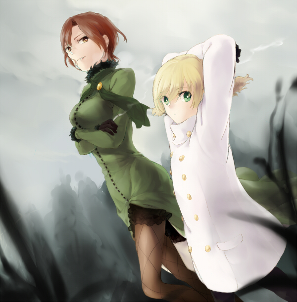 1boy 1girl aozaki_touko aozaki_touko_(mahou_tsukai_no_yoru) black_gloves black_pantyhose blonde_hair cigarette coat gloves green_eyes lugh_beowulf mahou_tsukai_no_yoru misoiri_(gokutsubushi) mspn pantyhose red_eyes red_hair short_hair winter_clothes winter_coat