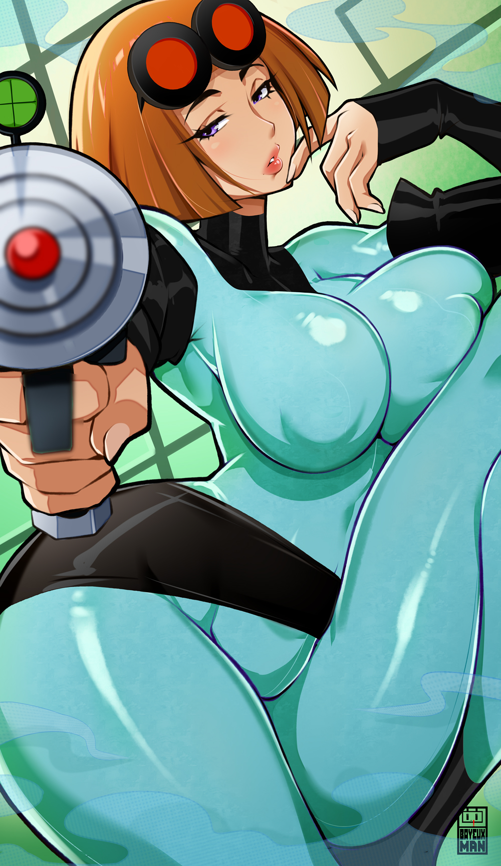 1girl aiming artist_logo artist_name bayeuxman black_sleeves blue_bodysuit bob_cut bodysuit breasts brown_hair covered_erect_nipples danny_phantom detached_sleeves goggles goggles_on_head gun highres holding holding_gun holding_weapon large_breasts logo looking_at_viewer maddie_fenton parted_lips pink_lips purple_eyes short_hair solo weapon