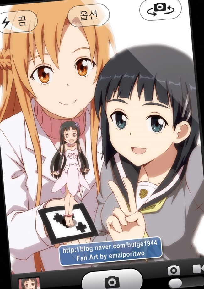 10s 3girls :d asuna_(sao) augmented_reality barefoot black_eyes black_hair brown_eyes brown_hair bulge1944 child dress fairy fake_phone_screenshot fake_screenshot hair_ornament kirigaya_suguha korean_text long_hair looking_at_viewer mini_person minigirl multiple_girls open_mouth school_uniform serafuku short_hair smile sword_art_online v yui_(sao) yui_(sao-alo)