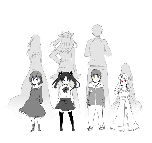 1boy 3girls amamizu_(shigure-doki) bad_id bad_pixiv_id blue_eyes brother_and_sister brown_eyes dual_persona emiya_shirou fate/stay_night fate/zero fate_(series) illyasviel_von_einzbern matou_sakura matou_sakura_(fate/zero) multiple_girls red_eyes siblings sisters tohsaka_rin tohsaka_rin_(fate/zero) twintails two_side_up yellow_eyes