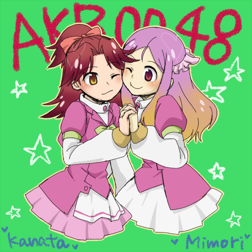 10s 2girls akb0048 blush gradient_hair holding_hands kishida_mimori long_hair lowres multicolored_hair multiple_girls red_hair ribbon sheep-wish shinonome_kanata smile