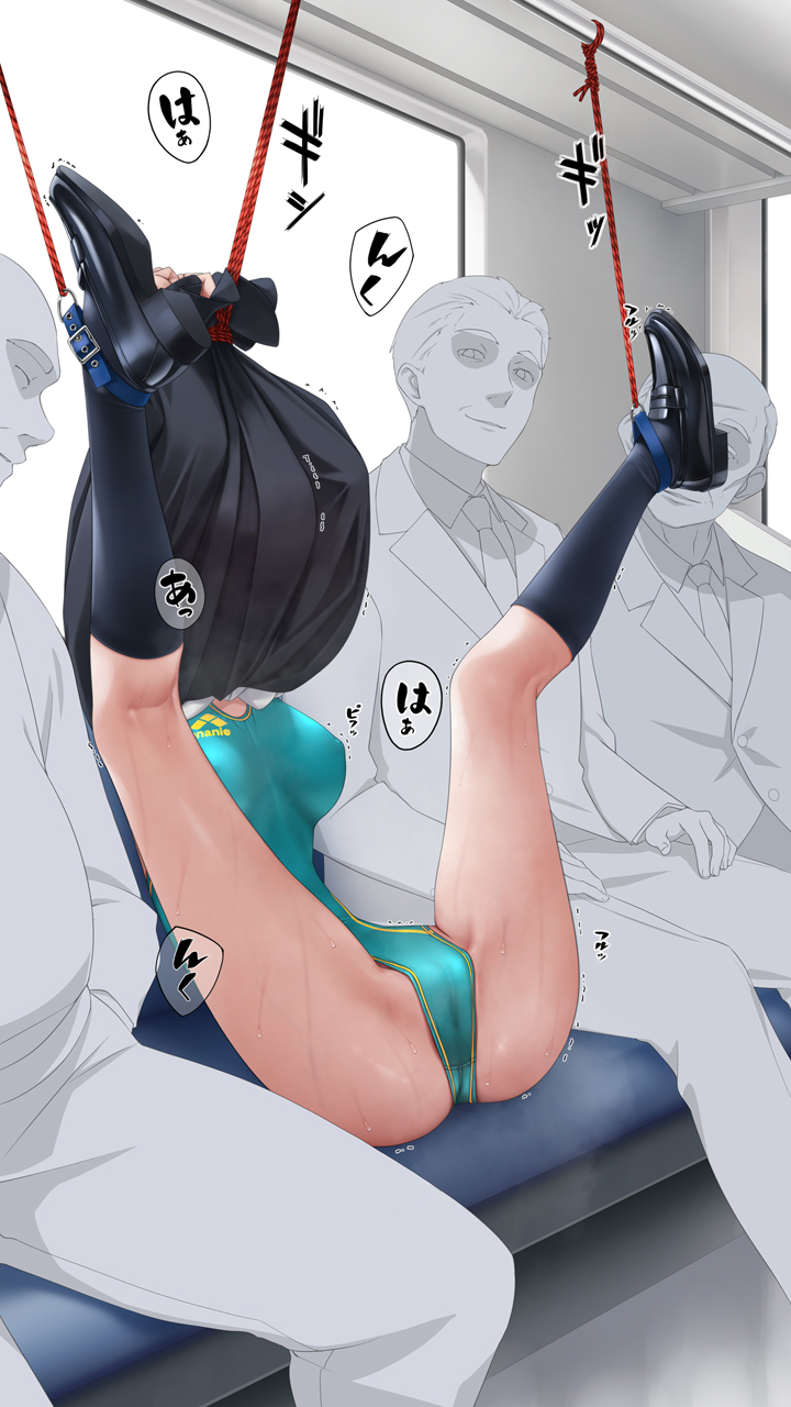 1girl 3boys aqua_one-piece_swimsuit bdsm black_shoes black_socks bondage bound breasts cameltoe commentary_request highres kneehighs large_breasts legs legs_up multiple_boys murakami_suigun one-piece_swimsuit original paid_reward_available restrained shoes sitting skirt_tied_over_head socks stuck swimsuit train_interior variant_set