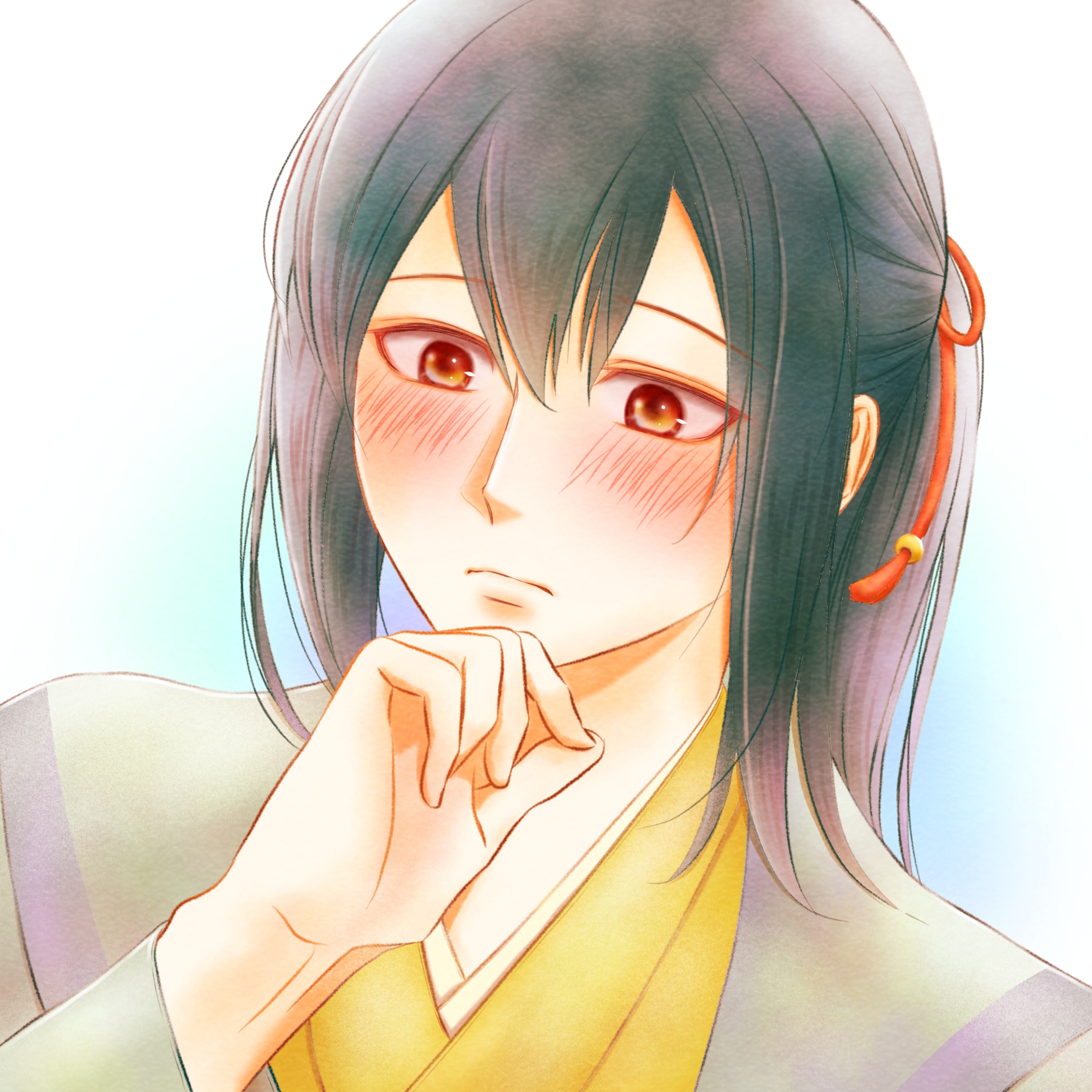 1boy azu_rin_go bishounen blue_background blush bokujou_monogatari bokujou_monogatari:_mittsu_no_sato_no_taisetsuna_tomodachi closed_mouth double-parted_bangs dutch_angle gradient_background green_hair green_haori green_kimono hair_ribbon hand_on_own_chin haori highres japanese_clothes kimono long_hair looking_down male_focus orange_eyes ponytail portrait raised_eyebrows red_ribbon ribbon sidelocks solo white_background wide-eyed yuzuki_(bokujou_monogatari)