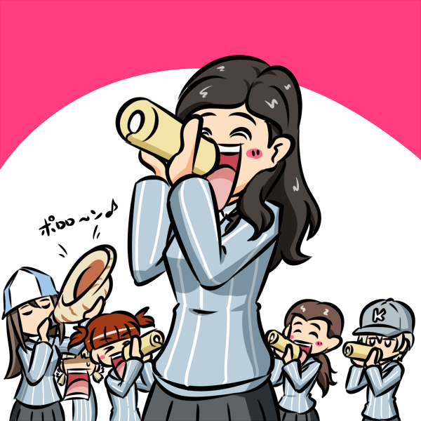6+girls aki_(girls_und_panzer) baseball_cap black_hair black_skirt blue_sweater brown_hair girls_und_panzer grey_hair hat holding holding_instrument horn_(instrument) instrument keizoku_school_uniform kogane_(staygold) long_hair mika_(girls_und_panzer) mikko_(girls_und_panzer) miniskirt multiple_girls open_mouth pleated_skirt ponytail red_hair school_uniform shirt short_hair short_twintails skirt striped_hat sweater tami_(girls_und_panzer) tomi_(girls_und_panzer) twintails vertical-striped_sweater white_shirt youko_(girls_und_panzer)