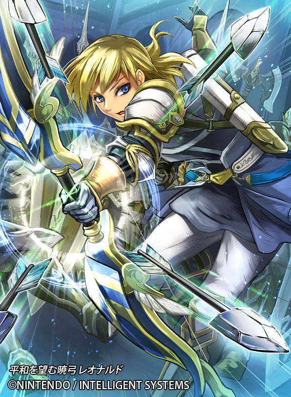 1boy arrow_(projectile) axe belt blonde_hair blue_eyes boots bow_(weapon) fire_emblem fire_emblem:_radiant_dawn fire_emblem_cipher gloves leonardo_(fire_emblem) male_focus nekobayashi nintendo official_art open_mouth quiver solo sparkle weapon